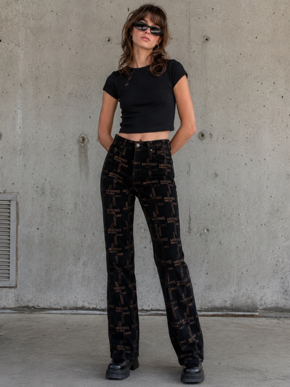 Black Gold MERRINO Jeans All Over Logo Print High Rise Straight Pants W28 US6